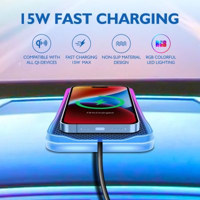 Wireless Charger สำหรับรถยนต์,RGB LED Qi 15W Fast Car Wireless Charger Pad สำหรับ 14 13 12 Pro Max,Wireless Charging Pad สำหรับรถยนต์