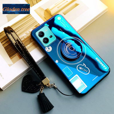 Gloden tree For Vivo V25 5G Case Camera Pattern + Stand + Beautiful Tassel Hand Strap Protective Back Cover Couple Cases
