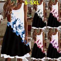 Womens A-Line Dress Botanical Floral Patchwork Print Knee Length Dress Sleeveless Spring Summer Casual Dress 2022 Blue White