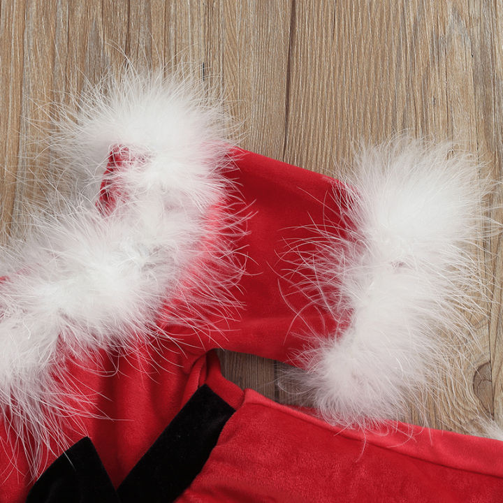 ชุดเดรสคริสต์มาสเด็กสาวกระโปรงฟองแขนยาวเปิดไหล่สีแดงชายเสื้อขนสีขาว1-7ปี