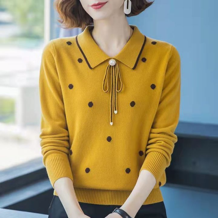 2023 Spring and Autumn New Middle-aged Mom's Top Pullover Collar Western- style Sweaters Knitwear Versatile Bottom Shirt