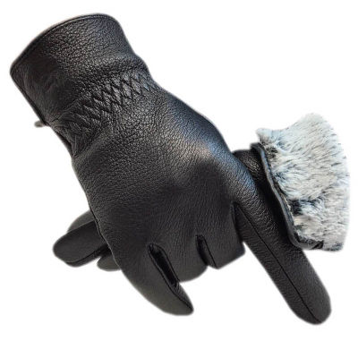 Winter Mens Wrist Fashion Deerskin Gloves Black New Leather Warm Driving Motorcycle Outdoor Wool Lining Faux Rabbit Fur Lining