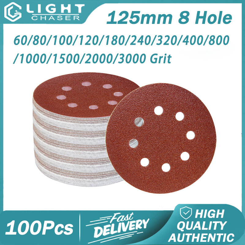 10/100 PCS 5" 8 Hole Sanding Round Discs Paper Sandpaper Sheet 40-2000 all Grits 
