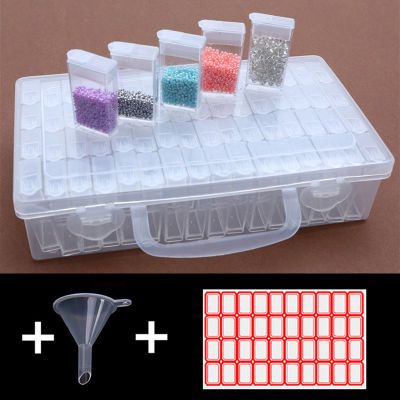 64 Cells Plastic Storage Box with Funnel and Stickers for Diamond Painting Accessories Tools Container Box Sets Diamond Painting