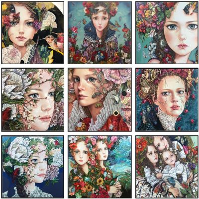 Counted Cross Stitch Kits Needlework - Crafts 14 ct Aida DMC Color DIY Arts Handmade Home Decor - Girl with Flowers Collection