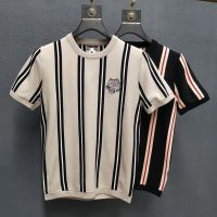 Men embroidery knitted mens short sleeve ice silk knitted straight stripe unlined upper garment of cultivate ones morality half sleeve round collar render unlined upper garment