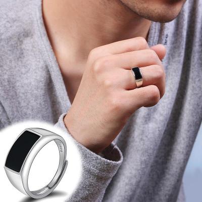 แหวนธรรมชาติสีดำอาเกตผู้ชาย S925 แหวนเปิดสีเงินมรกตสีดำบุรุษแหวนเปิดง่าย HPHX