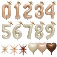 ☑ Beige Caramel Heart Balloons Crown Happy Birthday Baloons 1 2 3 4 5 6 Babyshower Number Foil Balloon Helium Baby Shower Globos