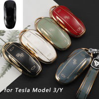 TPU ขอบทองรถฝาครอบกุญแจรีโมทกรณีเชลล์ Fob สำหรับเทสลารุ่น3 Model3รุ่น Y Modely พวงกุญแจอุปกรณ์ป้องกัน