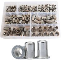 185Pcs M3 to M12 304Stainless Steel Rivet Nuts Rivnuts Knurled Steel Head Nutserts Flat Head Threaded Insert Nuts Assortment Kit Nails Screws Fastener