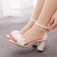 7 cm round head square with thick with shallow mouth word with sandals white flower bride wedding shooting high-heeled sandals