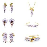 【lz】❦◇∋  Lilás Esmalte Wisteria Flor Brincos Conjunto Combinação Colar Pulseira Anel