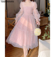 Lace Fairy Midi Dress Women Long Sleeve Elegant Dress Korean Kawaii Clothing Lolita Vintage Dress Party Summer