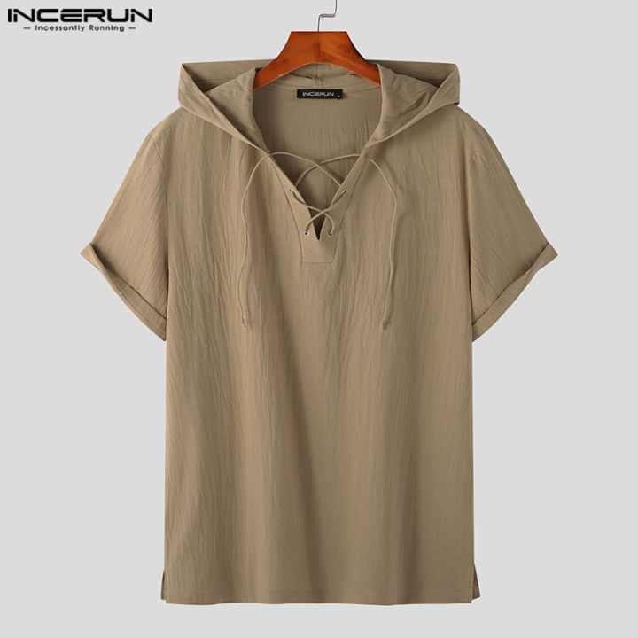 incerun-ฝ้ายลินินผู้ชายแขนสั้นผ้าลูกไม้แฟชั่นเสื้อธรรมดามีฮู้ดเสื้อธรรมดา-เสื้อผ้าลำลอง-3