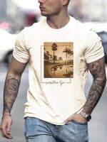 Swimming Pool And Coconut Trees Print, Short Sleeves Round Neck T-Shirt, Soft Comfortable Tee, Summer Casual T-Shirt, MenS Clot