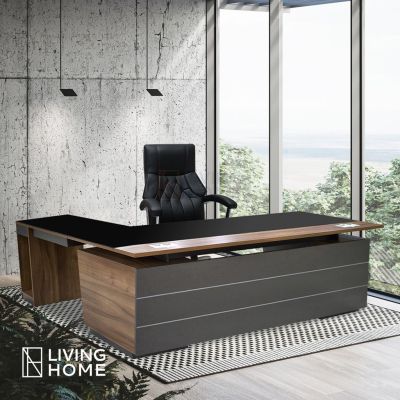 ( โปรโมชั่น++) คุ้มค่า !! โต๊ะทำงานผู้บริหาร โต๊ะทำงาน + โต๊ะข้าง 200 cm. ท็อปกระจก (ROCCO) สวย ทน แข็งแรง | Livinghome ราคาสุดคุ้ม โต๊ะ ทำงาน โต๊ะทำงานเหล็ก โต๊ะทำงาน ขาว โต๊ะทำงาน สีดำ