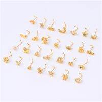 L Shape Pin Nose Studs Ring for Women Girl 18K Gold Plated Eyes Flower Star Shape Nose Pin CZ 20G