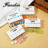 FAMSHIN 2022ใหม่น้ำมันหยดสีลูกอมบัตรต่างหู6ชิ้นชุดต่างหูเกาหลีสาวแฟชั่นของขวัญเครื่องประดับ