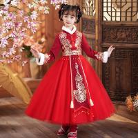 【CW】 Girls Thick Cheongsam Chinese Hanfu Plush Warm Costumes Ethnic Children Flower Girl Dress 2022 Red Chinese New Year Clothes