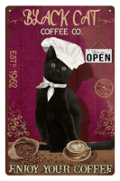 Retro Chef Black Cat แผ่นโลหะดีบุกสำหรับร้านอาหารและร้านกาแฟ Metal Art Decor-ภาพวาดเหล็กป้ายห้องครัวที่มีภาพจิตรกรรมฝาผนังสัตว์เลี้ยงน่ารัก