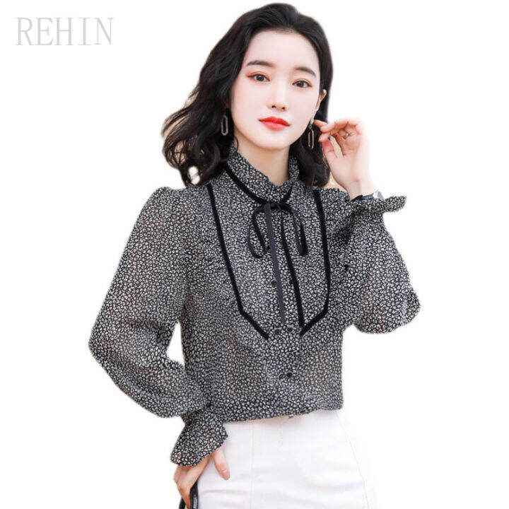 rehin-เสื้อเชิ้ตผ้าชีฟองแขนยาวของผู้หญิง-เสื้อเบลาส์มีจีบพิมพ์ลายเสือดาวแฟชั่นใหม่ฤดูใบไม้ร่วงปี2021