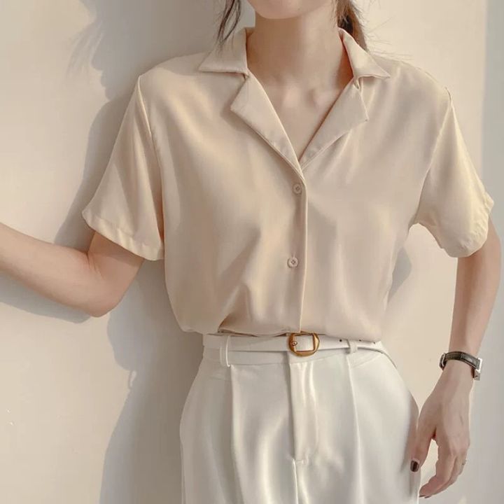 Female Clothing Turn-down Collar Fragmented Chiffon Shirt Women's Short  Sleeve 2023 Summer New Blouse Loose Elegant Tops - AliExpress