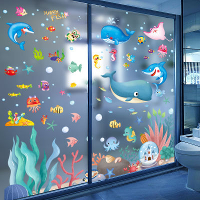 （HOT) ห้องน้ำห้องน้ำกระเบื้องห้องน้ำสติกเกอร์กันน้ำสติกเกอร์ติดผนังสติกเกอร์ประตูกระจกลายการ์ตูนปลาทะเล 3D สามมิติ
