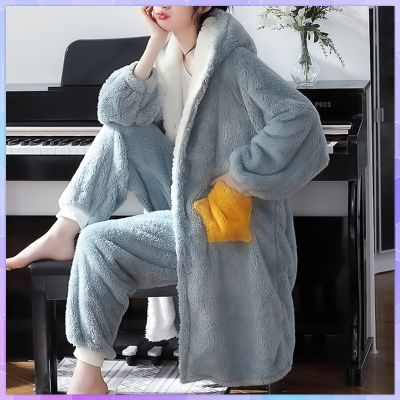 {Xiaoli clothing} อบอุ่นการ์ตูนคลุมด้วยผ้าผู้หญิงชุดนอนเสื้อคลุมกับกางเกงข้นตุ๊กตาขนแกะปะการังชุดนอนขนาดบวกฤดูหนาวเสื้อผ้าหน้าแรก Pijama