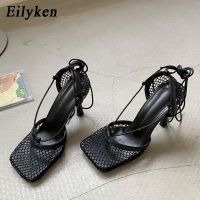 Eilken แฟชั่น Hollow Breathable ตาข่ายสแควร์ Toe Stiletto รองเท้าส้นสูงผู้หญิงปั๊มข้อเท้า Lace-Up Elegant ชุดสุภาพสตรี Shoes