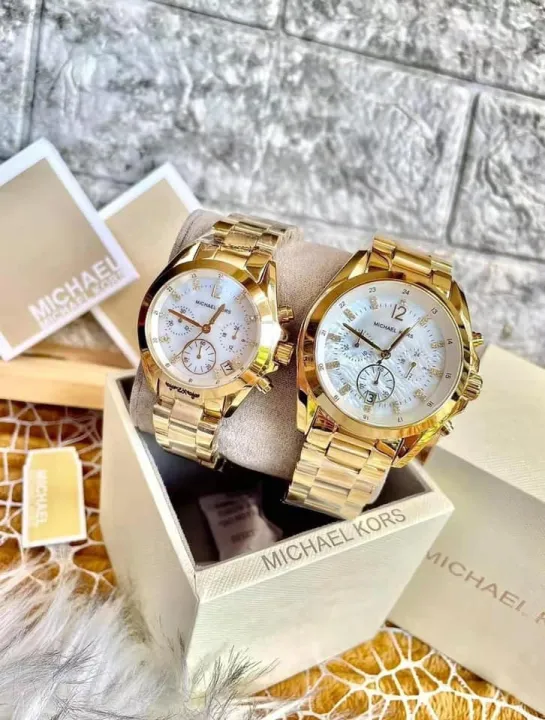 Couple watch MK mk michael kors watch pawnable watch with box and paper bag  chronograph watch gold white face | Lazada PH