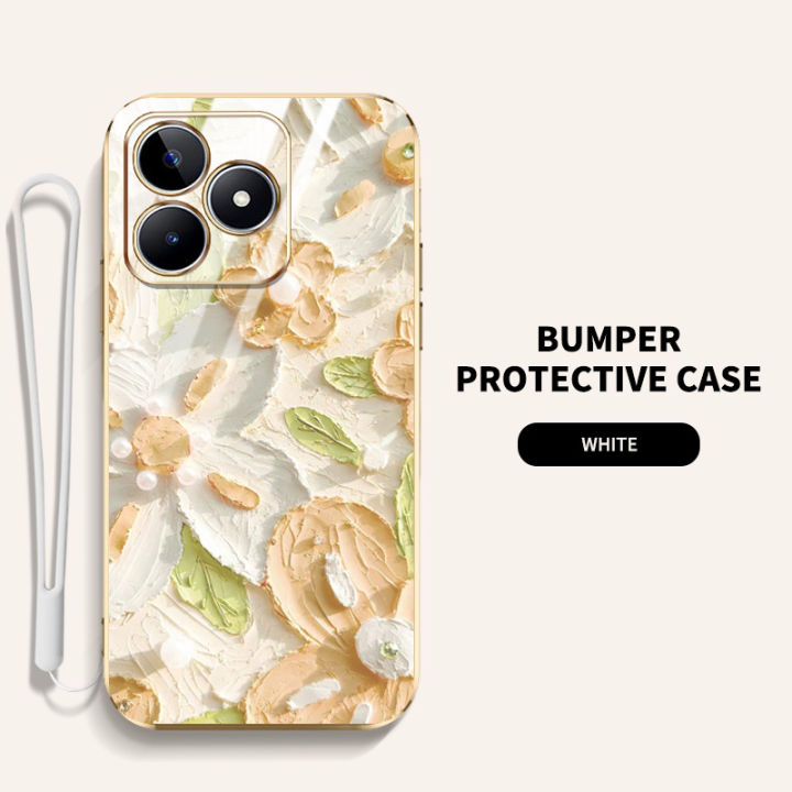 ybdดอกไม้ไข่มุกเคสสำหรับ-oppo-realme-c53-n53-เคสดีไซน์ใหม่กันกระแทกลวดลายภาพวาดสีน้ำมันเคสแถมฟรีสายคล้องอ่อน