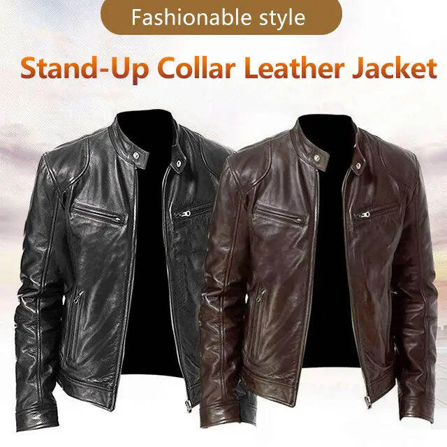 StandUp Collar Slim Leather Jacket Men Gentleman's Zip Cardigan Jacket Men'S Leather Jacket