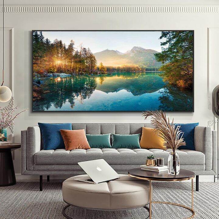 สแกนดิเนเวียนภูมิทัศน์ธรรมชาติภาพวาดผ้าใบ-mountain-lake-sunset-wall-art-โปสเตอร์และพิมพ์-nordic-ภาพตกแต่งบ้านโมเดิร์น