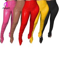 Stacked Leggings Plain Color PU Leather Pants Winter High Waist Stretchy Pleated Flare Pants Female Casual Trouser Smooth Bottom