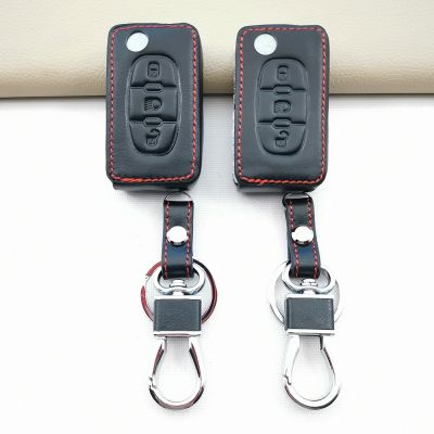 ✣ Leather Car Key Protect Case For Citroen C3 C4 Xsara Picasso Berlingo C5 C8 For Peugeot 3 Buttons Folding Key Accessories Box