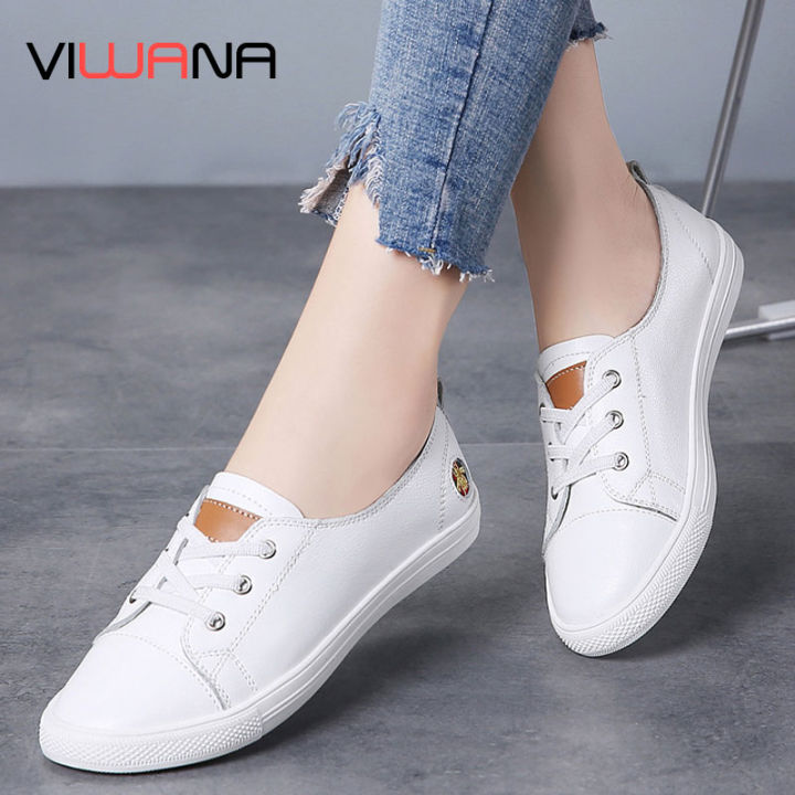 Viwana Women White Flats Shoes Korean Style Lace Up Casual Flat Shoes For  Women Breathable Summer Black Sneakers Women Shoes Sale | Lazada Ph