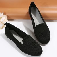 NianMiao Womens Black Slip On Flats, Breathable Knitted Round Toe Non-slip Shoes, Casual Lightweight Walking Shoes