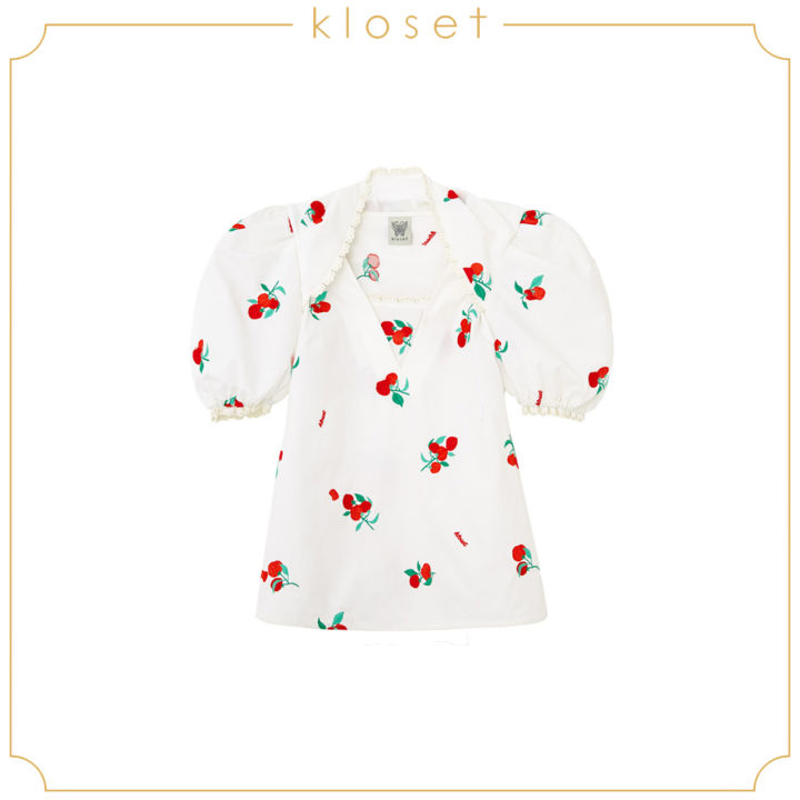 kloset-sweety-tomato-puff-sleeve-tip-pf21-t004-เสื้อตัวผ้าปัก-แขนพอง-ผ้าพิมพ์-แต่ลูกไม้บริเวณแขนเสื้อ