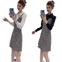 Spot parcel post Internet Hot Classic Style Houndstooth Dress Women 2023 Autumn New High-End Fake Two Pieces Elegant Shirt Dress