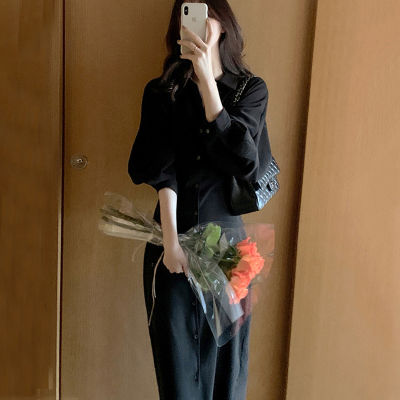 [COD] เสื้อชุดหญิง 2022 ฤดูใบไม้ผลิและฤดูร้อนใหม่สไตล์ฝรั่งเศสย้อนยุคอารมณ์เอวดูผอมกระโปรงสีดำยาวเหนือเข่า