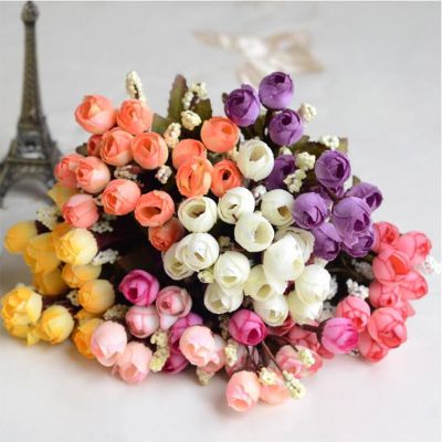 [AYIQ Flower Shop] 15หัว/1มัด22ซม. ดอกกุหลาบชาไหมพร็อปดอกไม้สำหรับคริสต์มาสบ้านงานแต่งงานเวทีตกแต่งดอกไม้ประดิษฐ์พืชปลอม