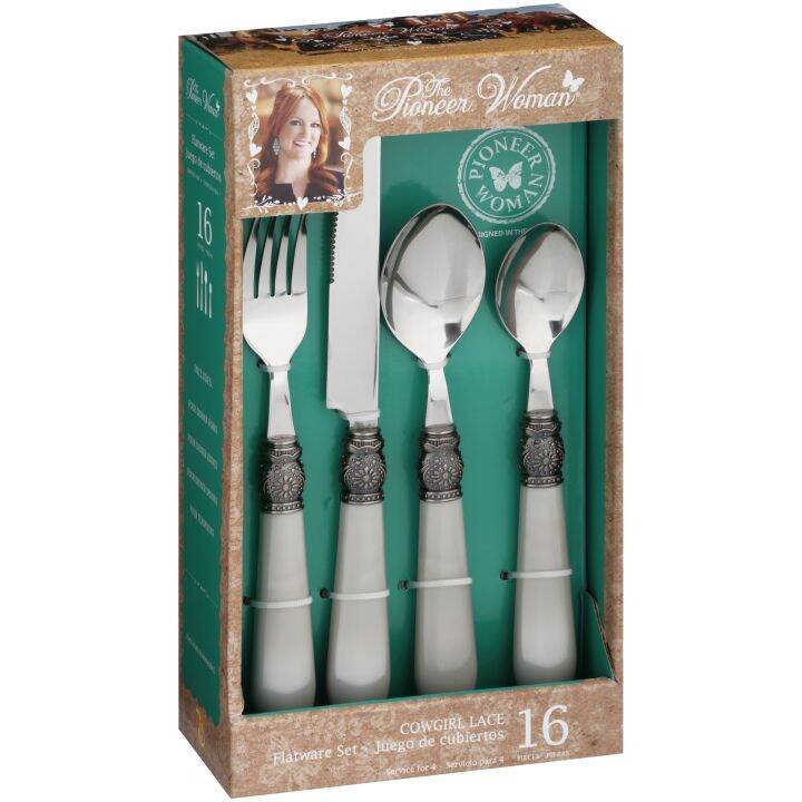 The Pioneer Woman Cowgirl Lace 16Piece Flatware Set, Pearlized Handle