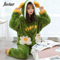 Jielur Warm Women Pajama Sets Winter Lady Long Sleeve Shirt+Pants Home suit Hooded Cartoon Print Thick Pijama Feminino