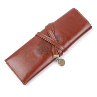 ✴▫♧ Luxury Retro Roll Pencil Cases Leather Pen Bag Three Parts Pouch Makeup Cosmetic Brush Bag Texture Student Pencil Bags