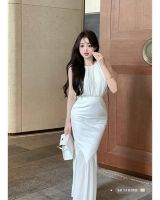 【LZ】✼◎  Top de colete sem mangas com o pescoço das mulheres cintura alta Chiffon Splicing Wrap Hip Mermaid Skirt Sweet Hot Girl Suit Lady Clothes 2 Pcs Set