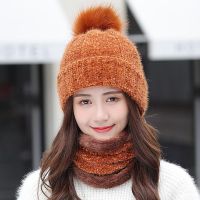 New Winter Women Warm Chenille Knitted Hat Scarf Two Pieces Set Fashion Girl Fur Pompom Ball Beanie Caps Female Casual Ski Hat