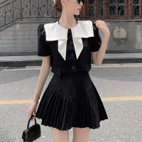 Korean Fashion Streetwear 2 Piece Set Women Crop Top Short Sleeve Shirt Blouse + Pleated Skirts Sets Casual Two Piece Suits