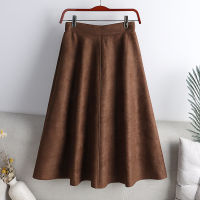 Suede Skirt For Women Autumn Winter Casual Solid Faux Leather A Line High Waist Knee Length Skirt Female Brown 2022