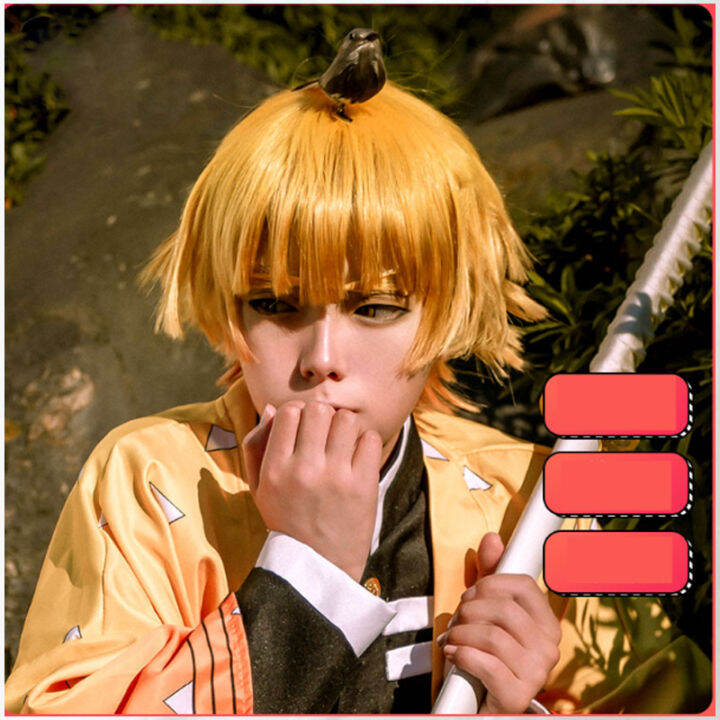 anime-demon-slayer-kimetsu-ไม่มี-yaiba-ชุดคอสเพลย์-zenitsu-agatsuma-wigs-golden-hair-sparrow-bird-headdress-cs146