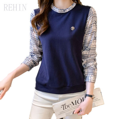 REHIN เสื้อเบลาส์แขนยาวสำหรับผู้หญิง,เสื้อลายพรางสองชิ้นคอปกแบบมีจีบเสื้อสเวตเตอร์พิมพ์ลายเสื้อสุดชิค